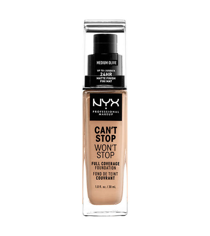 NYX Professional Makeup- Can't Stop Won't Stop 24HR Full Coverage Liquid Foundation- Medium Olive, 30ml