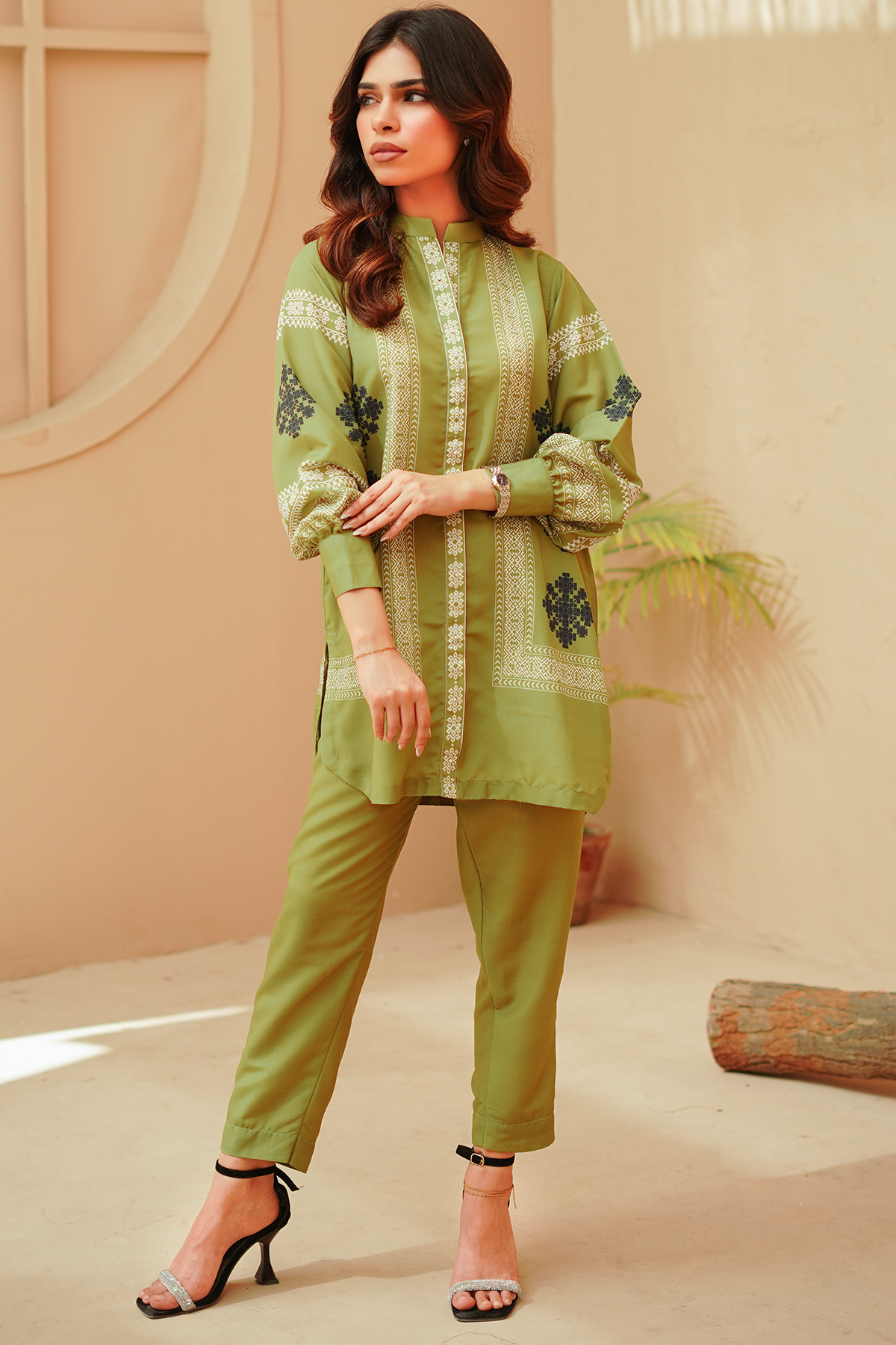 Nairah Stitched Co Ords Summer Suit-Olive Tribal