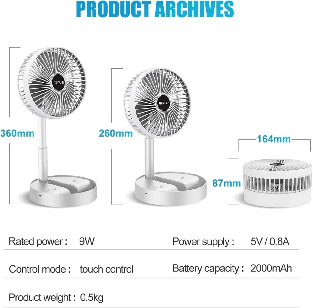 Portable Fan Rechargeable, Stand  and  Table fan Folding Telescopic  and  Adjustable Height for Office Home Outdoor Camping - My Store