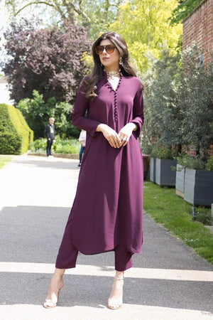 Manahils Stitched Purple Long Button Set