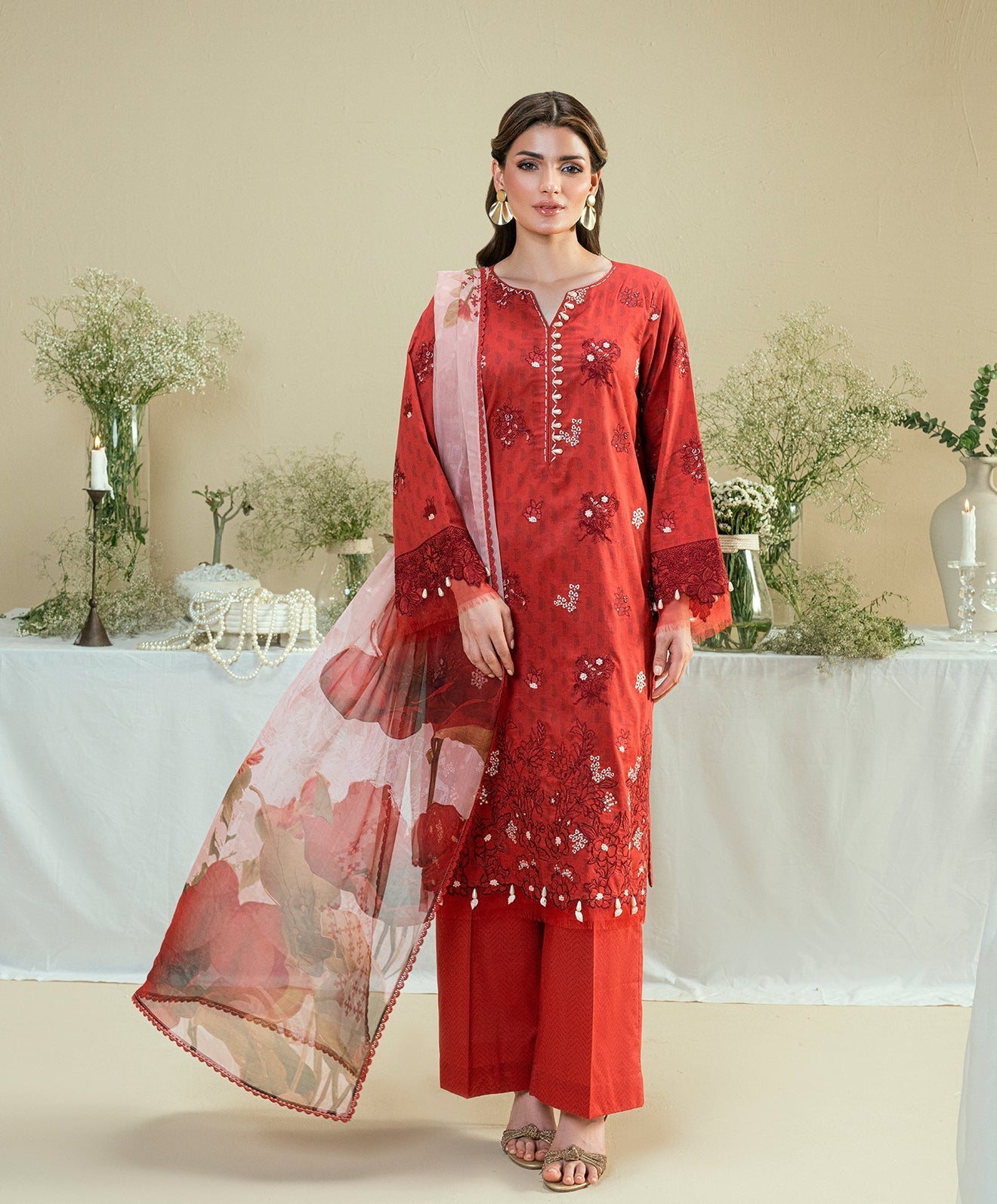 Luxe Edit By Kaanthaa Unstitched 3 Piece Summer Suit-KUNEP-3P-001 RED-LAWN UNSTITCHED 3PC