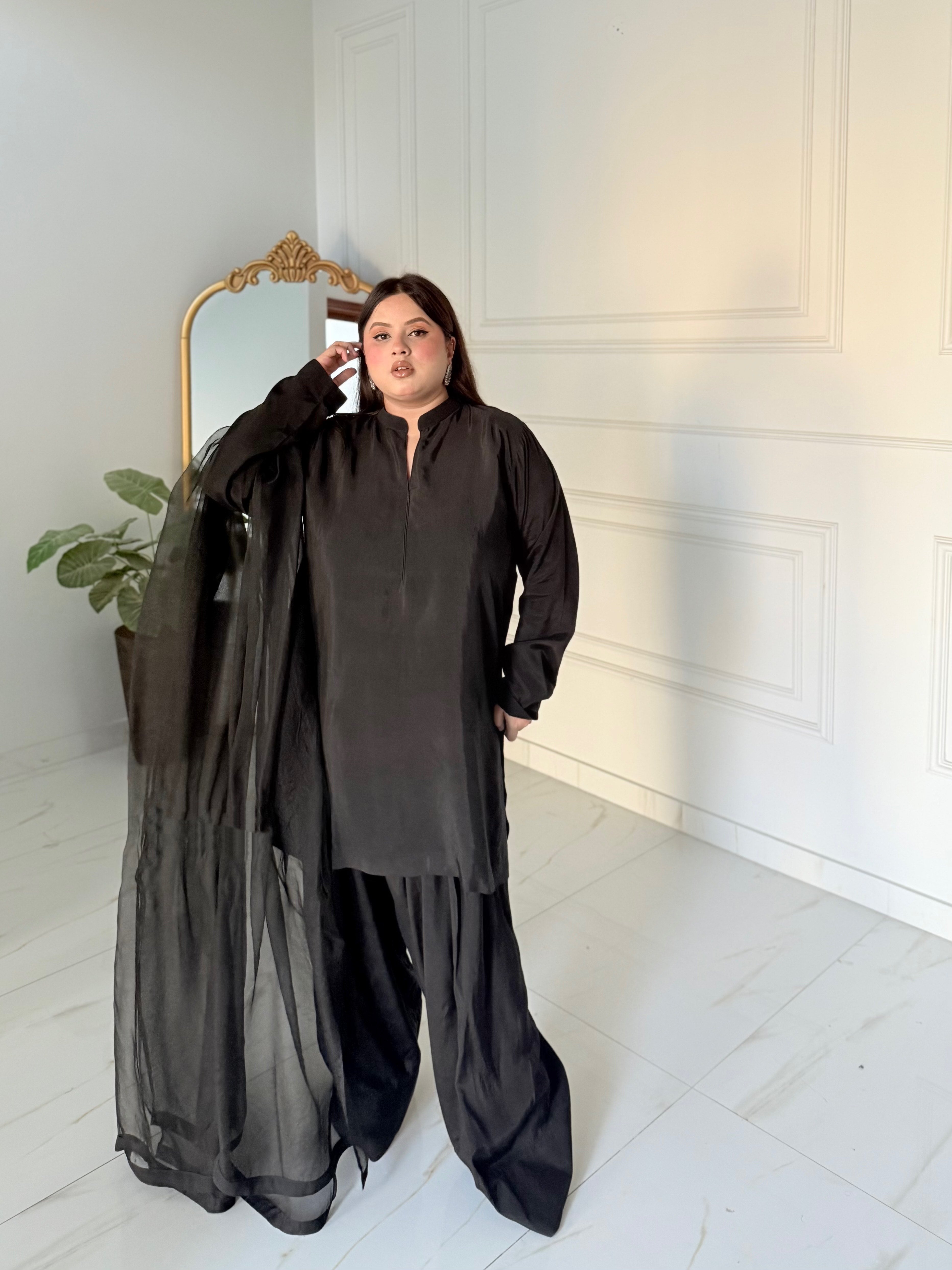 Manahils Stitched Black Farshi Shalwar Three Pc