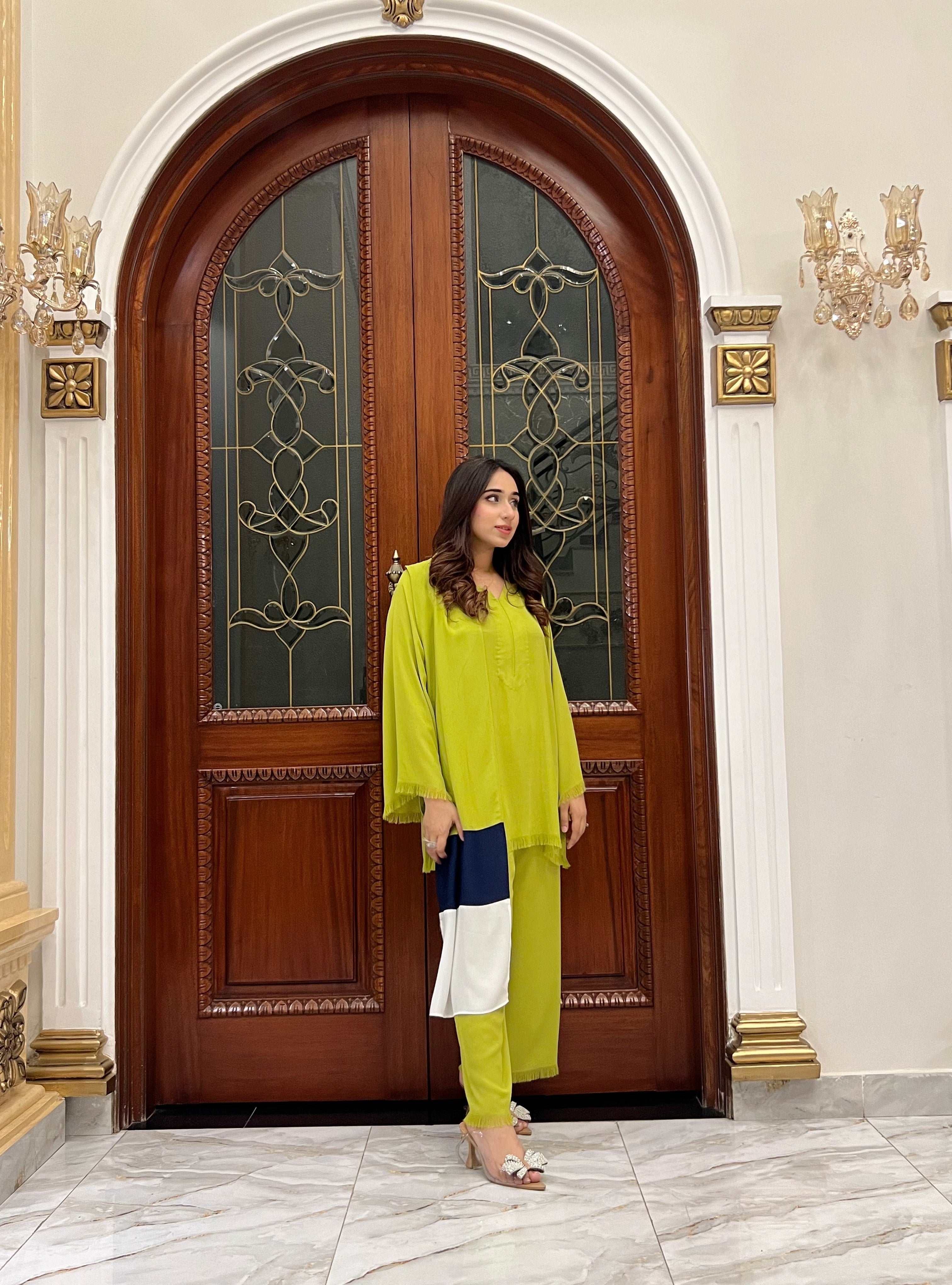 Manahils Stitched Parrot Green Fringes