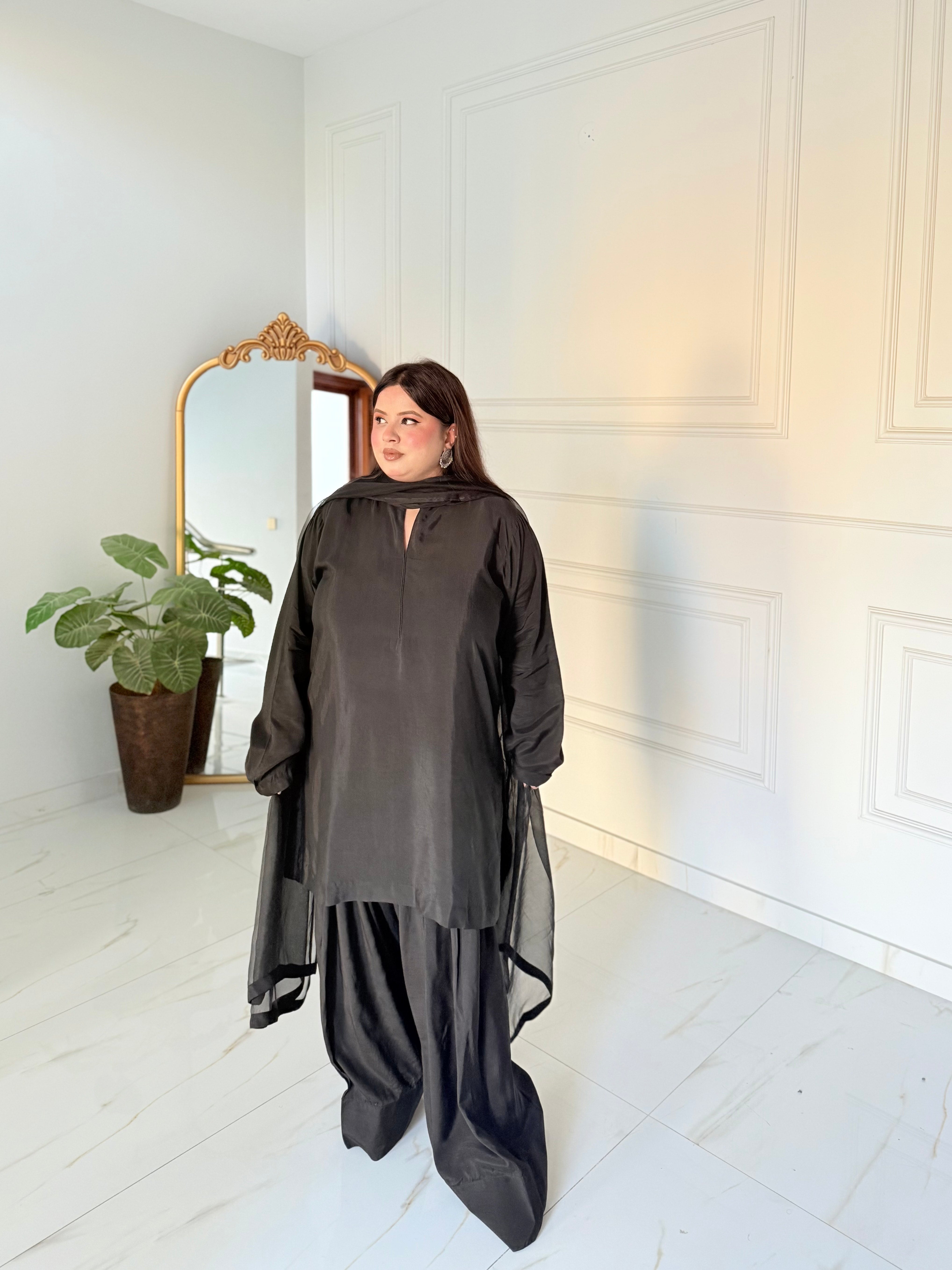 Manahils Stitched Black Farshi Shalwar Three Pc