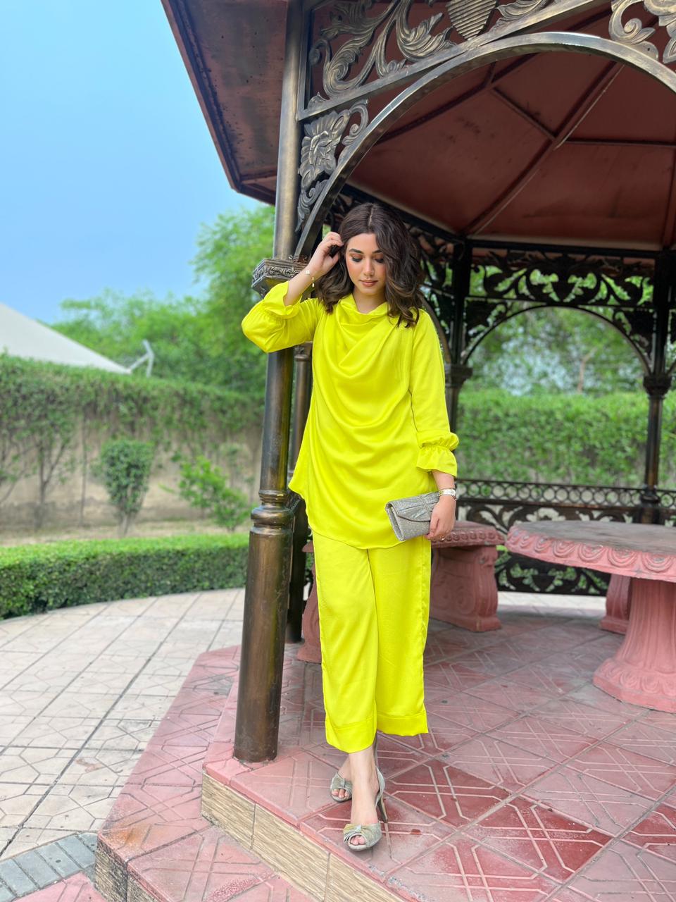 Manahils Stitched Co Ords Cowl Neck Lime