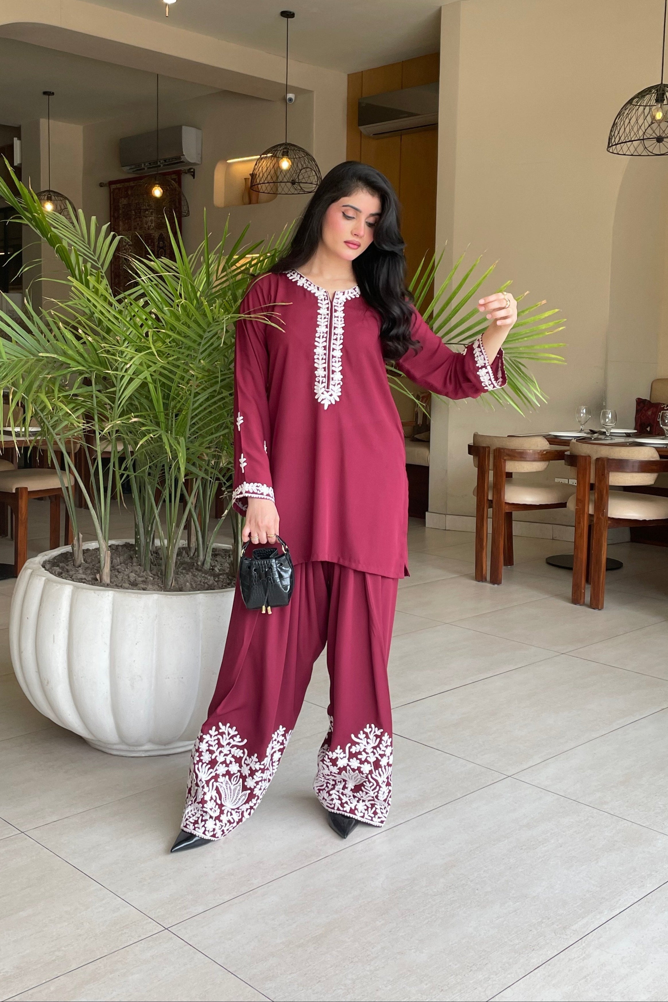 Allechant By Manahils Stitched 2 Piece Georgette Collection'2025-Burgundy Embroidery Shalwar Set