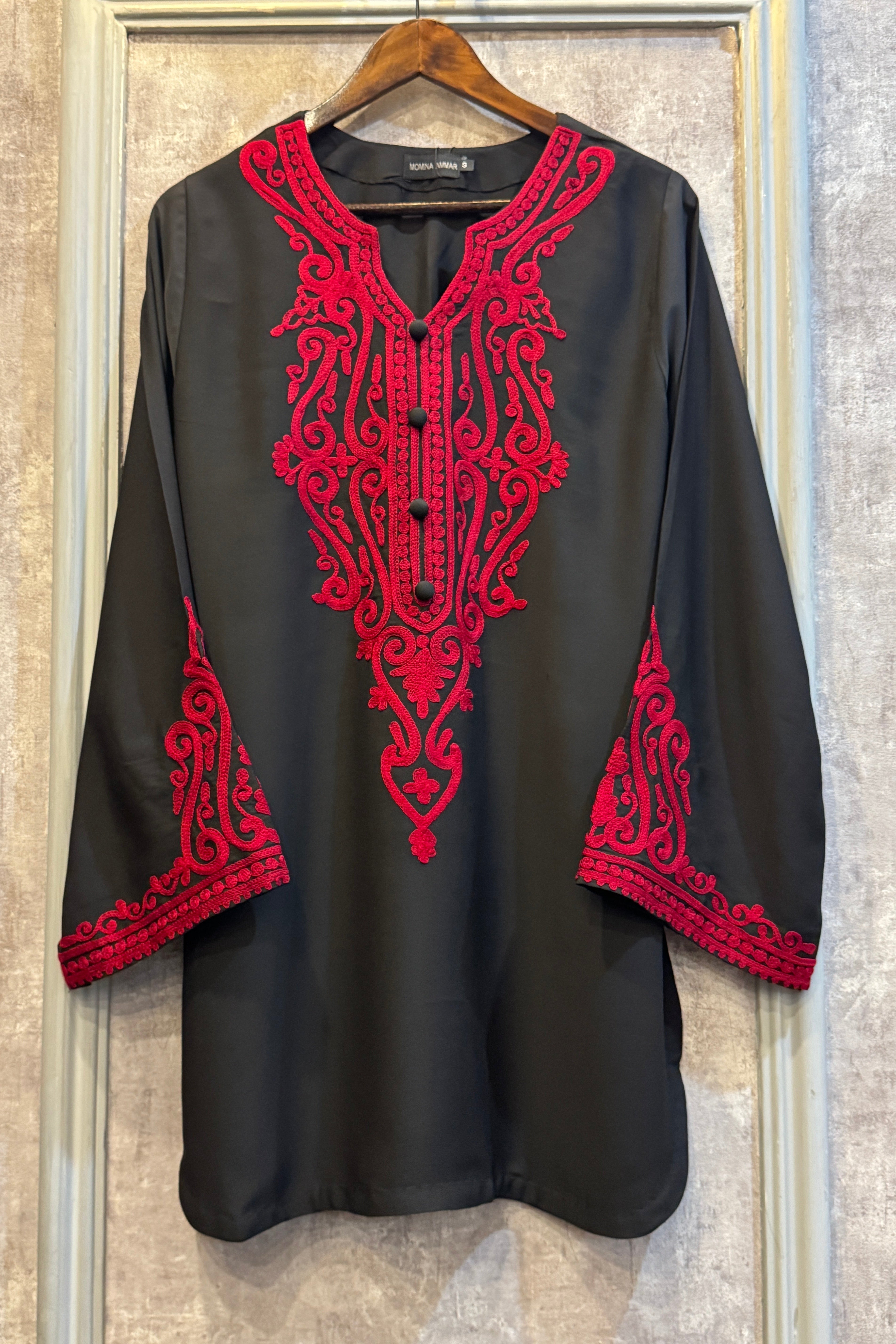 Allechant By Manahils Stitched 2 Piece Georgette Collection'2025-Red On Black With Balck Farshi Shalwar