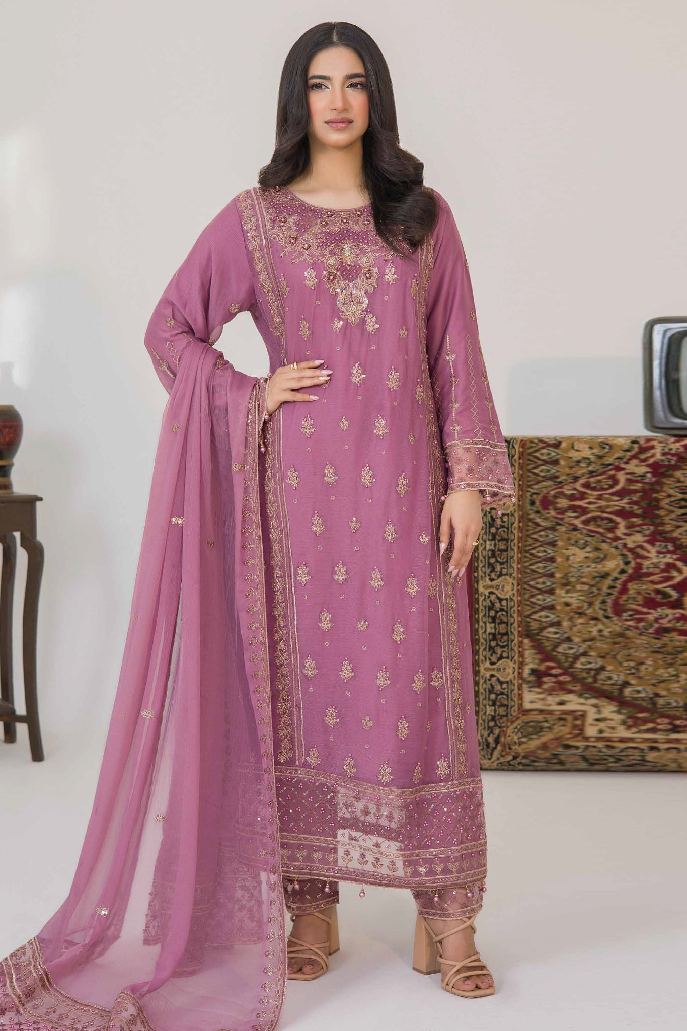 Serene By Azmeerah Stitched 3 Piece Hand Emb Festive Pret Suit-03-Rose Dust