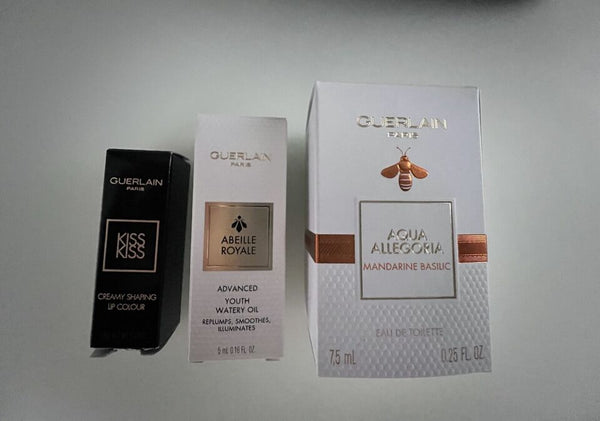 Guerlain Travil Set Abellie Lipstick+Kiss Lip Creme+Aqua Allegoria EDT 7.5Ml+Bag