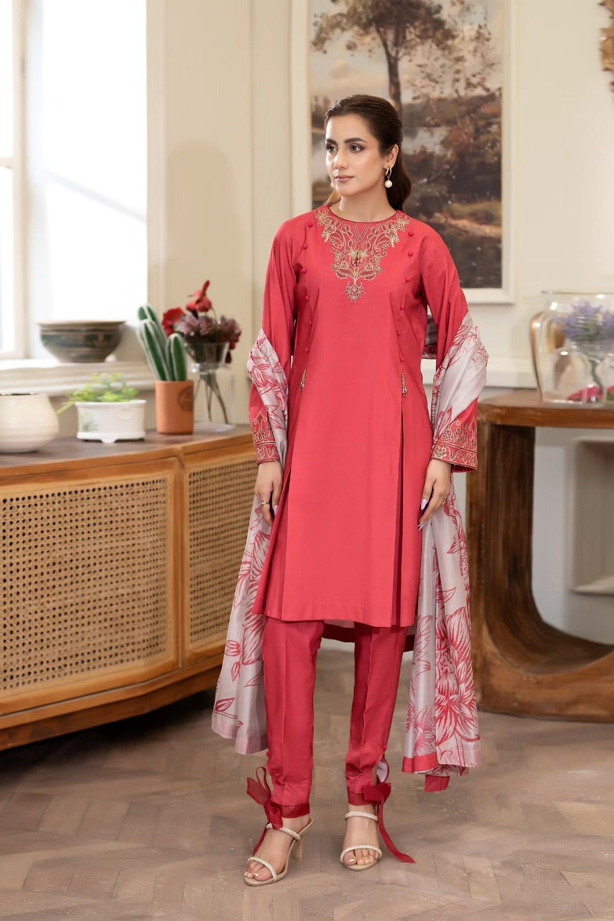 Summer Scent By Nine Needles Stitched 3 Piece Summer Suit-Scarlet-NP-10