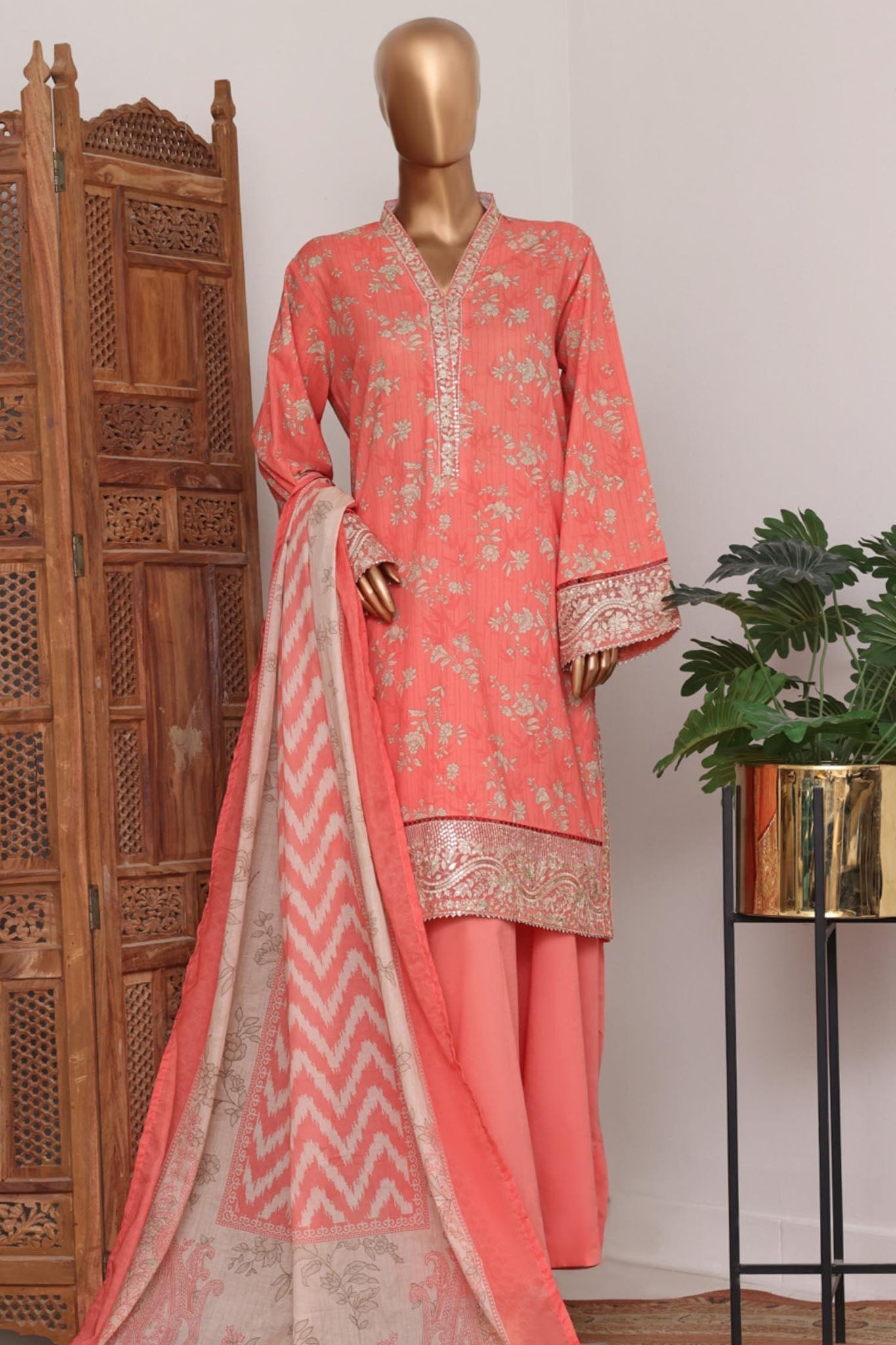 Bin Saeed Stitched 3 Piece Luxury Lawn With Bellbottom Suit-WC-2864- PINK