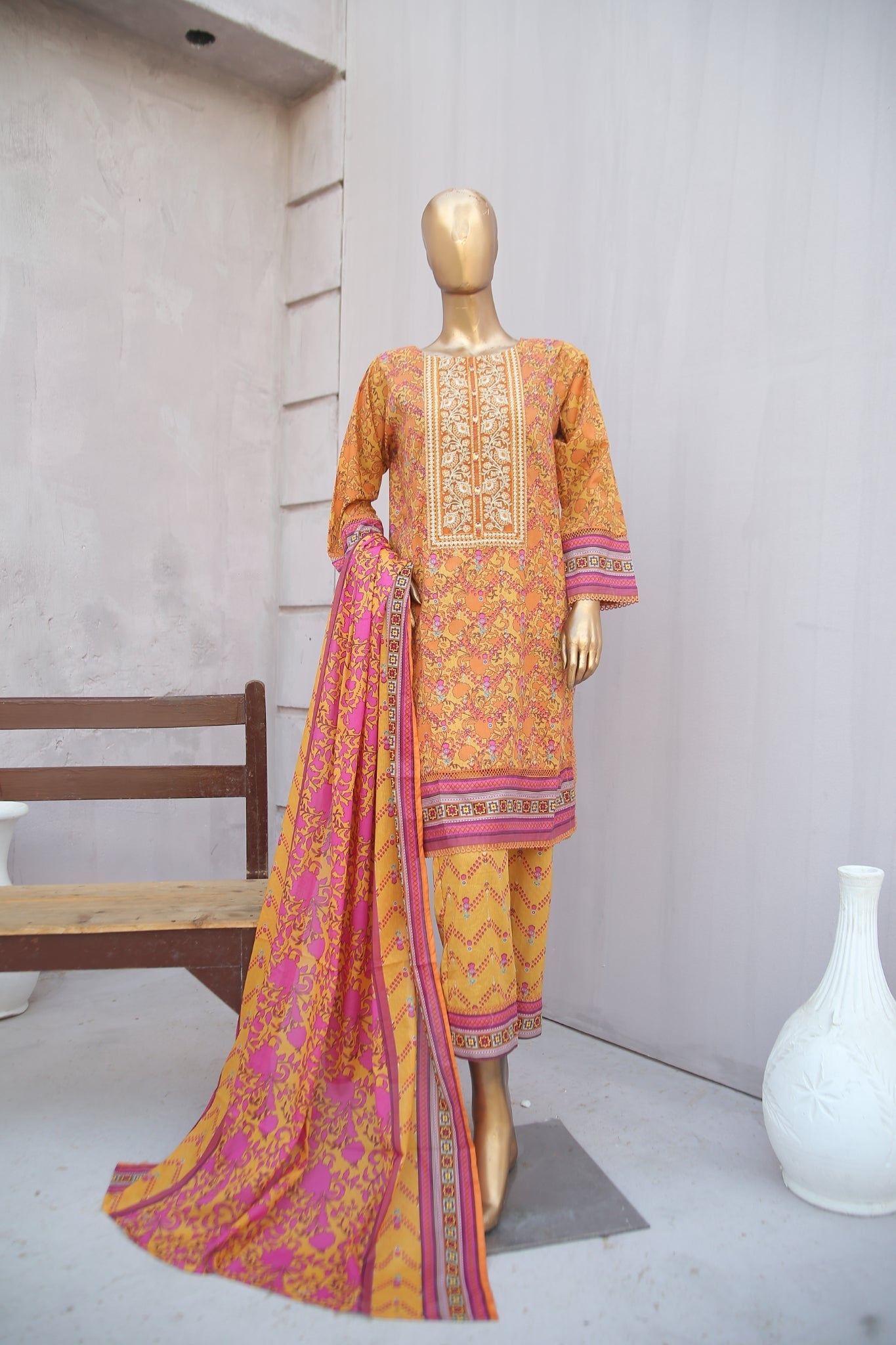 Oswah By Suntex Stitched 3 Piece Emb Cutwork Cambric Winter Suit-OS-2350